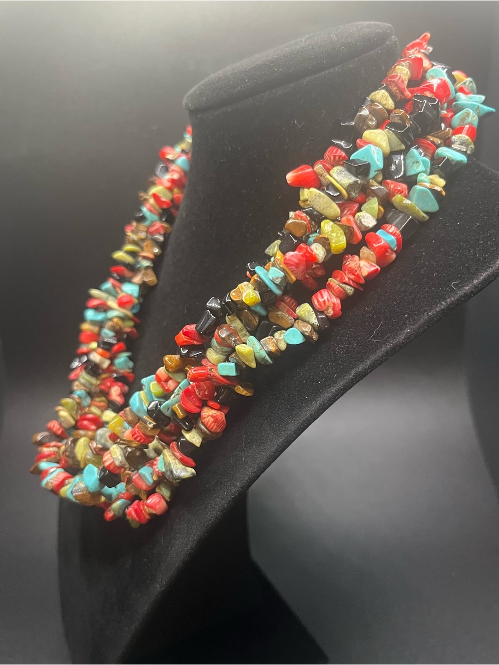 Multi Strand Gemstone Chip Necklace Turquoise Coral Tiger Eye Boho - Picture 3 of 10